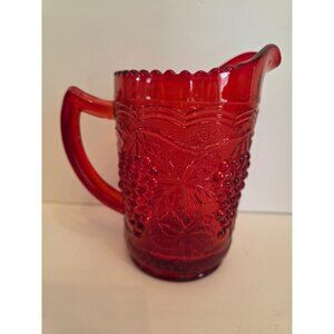 Vintage imperial Red Glass Pitcher With Embossed Grape & Leaf Pattern